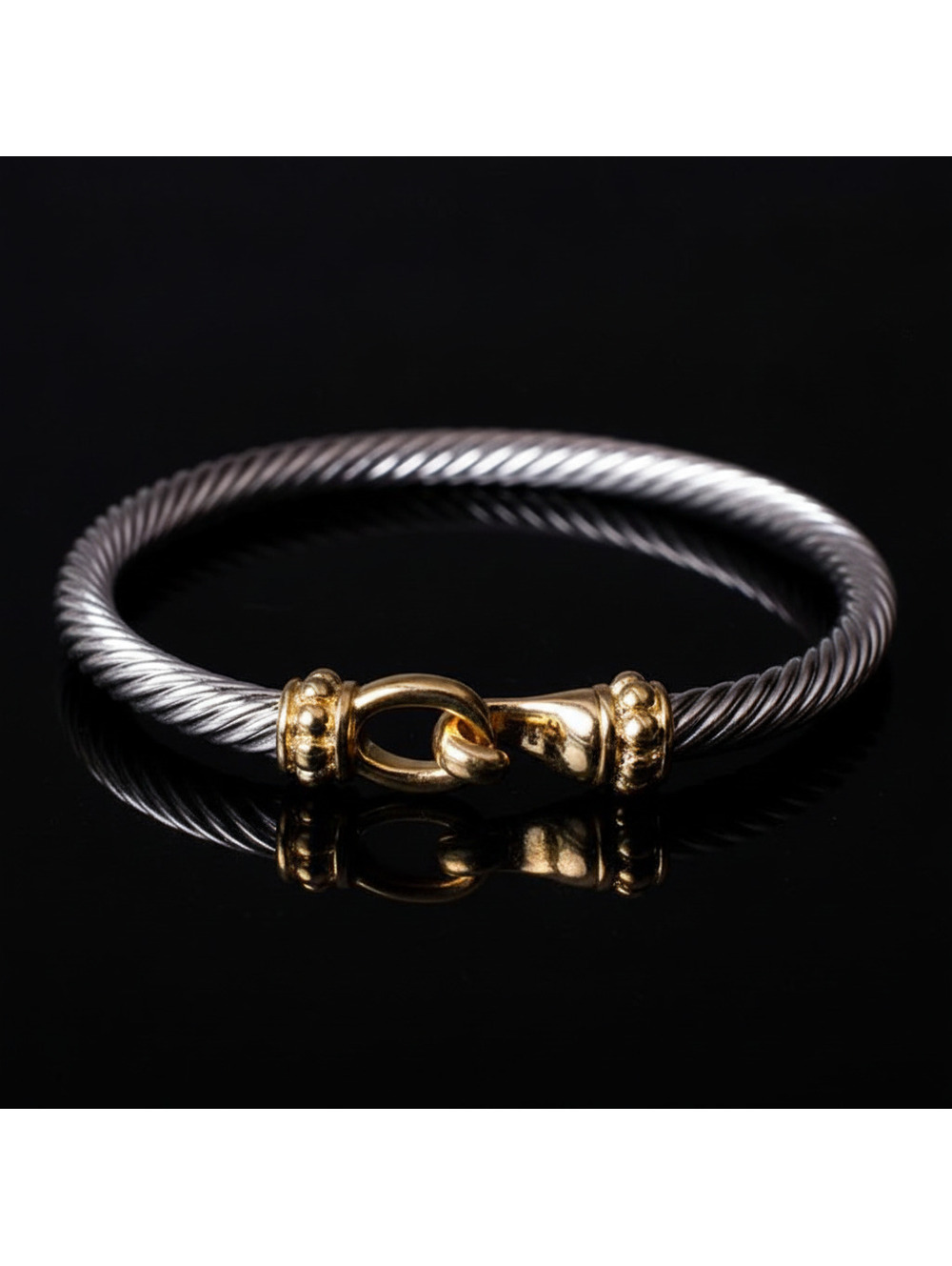 Two-Tone Twisted Cable Hook Bracelet 7 mm Rhodium Plated